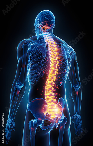 Back Pain Visualization: Highlighted Spine in Digital Human Anatomy Illustration