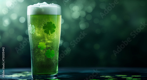 St. Patrick's day green beer with clovers inside over dark background, blank space, wallpaper template
