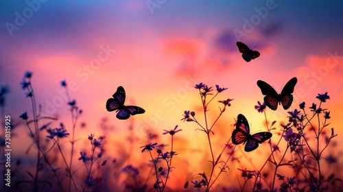 Graceful butterfly silhouettes flutter against a vivid, springtime canvas
