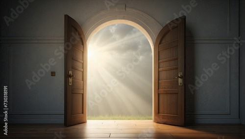 Open wooden doors reveal a breathtaking view of a sunlit field, symbolizing opportunity and a new beginning, with a warm and welcoming glow.
