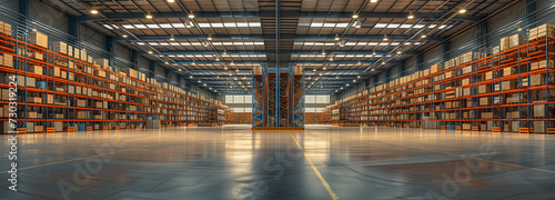 Interior of a modern warehouse storage of retail shop with pallet truck near shelves Interior of a modern warehouse storage of retail shop with pallet truck near shelves Wide shot