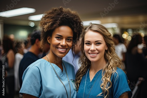 Portrait of two professional happy nurses standing in the office and looking at the camera. Doctor and nurse in hospital. Team of two doctors smiling standing in hospital corridor.
