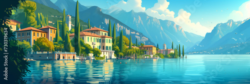 Idyllic Lake Como Shoreline with Elegant Villas and Alpine Backdrop: A Stylized Illustration Perfect for Travel and Lifestyle Features