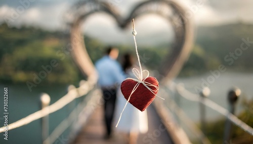 Foto de um coração pendurado em um barbante e ao fundo um casal desfocado caminhando em uma ponte em formato de coração