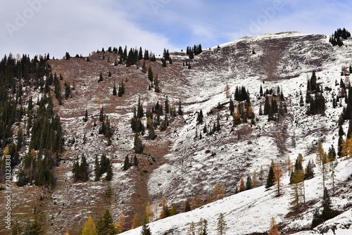 Brązowe alpejskie wzgórza w regionie Ski amadé, opruszone pierwszym śniegiem