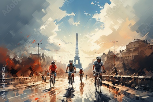 Cycling on the road through the streets of Paris, France. Olympic Games in Paris 2024.