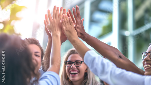 Business people, teamwork or high five of hands for support, success or solidarity of victory, synergy or winner. Happy group, collaboration or celebrate achievement of deal, integration or agreement