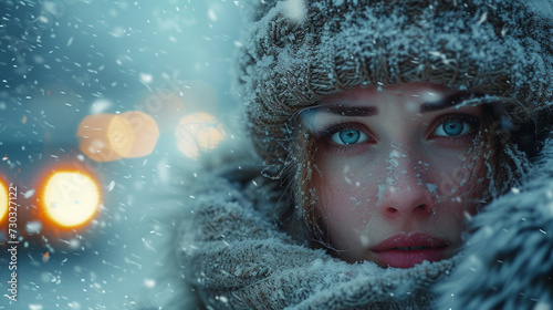 Portrait of a young woman in a winter scene, snowflakes
