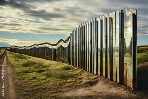 Expansive Usa mexico border view. Crossing metal barrier fence. Generate Ai