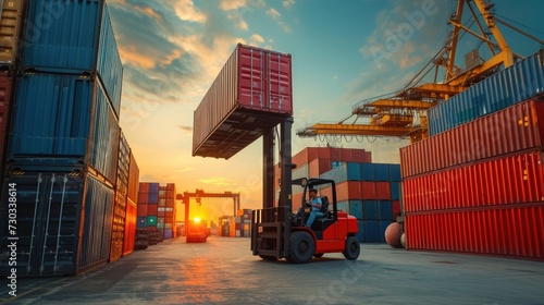 Freight logistics: Forklift handling container box, loading stacker at docks for shipment, harbor activity