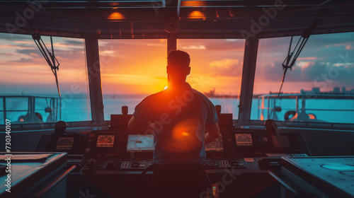 Silhouetted Ship Captain Overseeing the Horizon at Sunset From the Bridge