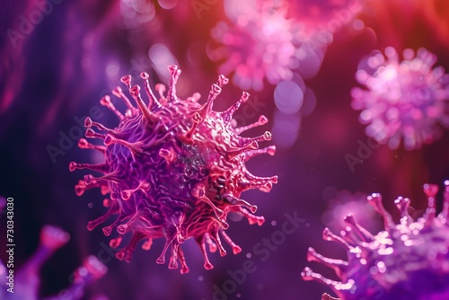 Group of herpes viruses on purple background. Herpes simplex. Medical science and research concept. 3D render, illustration. Microscope view