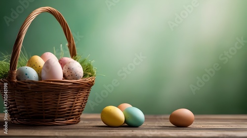 fondo de pascua, canasta con huevos de pascua con flores en una tabla de madera con espacio para texto