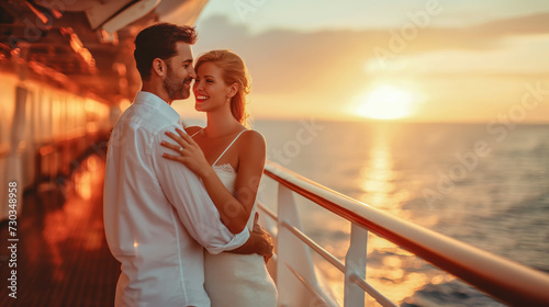 Newlywed affectionate couple dressed in white on a romantic evening date embracing standing at the hull of a cruise ship 