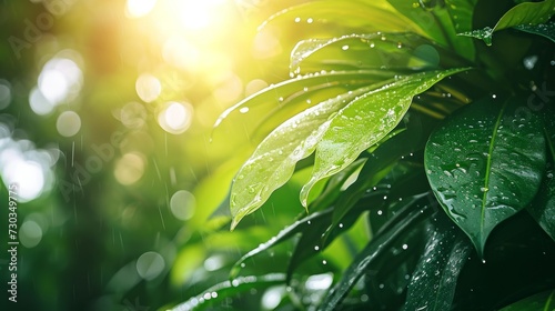 a tropical rain, close-up of green leaves with raindrops, sun rays filtering through, creating a soft, warm glow, gentle and tranquil ambiance, soothing background