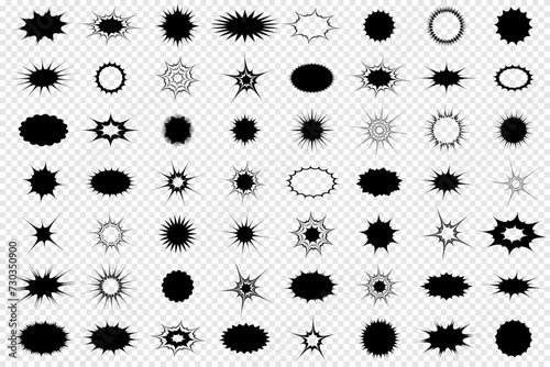 Set of black abstract modern shapes for design. A collection of frames, blots and spots in the form of an explosion, star, web. Fashion stickers, vector.