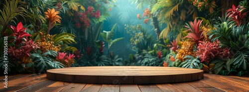 tropical background for the scene, in the style of a photorealistic still life, round, wooden, dark emerald and light crimson. To demonstrate and advertise a product