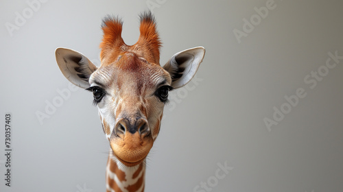 Muzzle of cute giraffe on grey background. Selective focus. Copy space. Funny photo. Animal care concept.