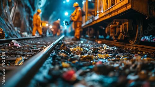 railway track littered with trash, with workers in safety gear inspecting or cleaning the area in an underground setting