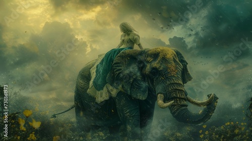 Young Woman riding on an elephant. AI Generative