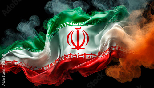 National Flag of Iran made of smoke, isolated on black background. The tulip is comprised of four crescent-shaped petals and one stem that form the word Allah and symbolize the five pillars of Islam.