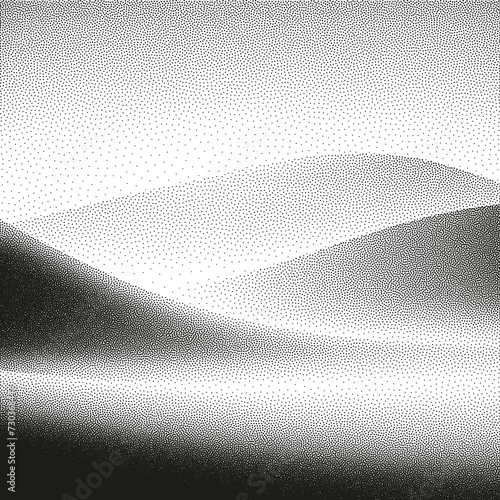 Dotwork hills, nature grain pattern. Abstract white ocean wave background. Mountain landscape, dot grunge effect. Noise halftone gradient smooth texture. Stipple style duotone pointillism terrain land