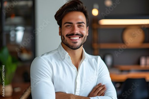 Confident Latin professional in office environment smiling at camera