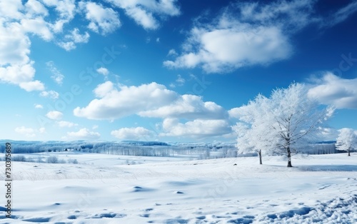 Snow-covered landscape with frosted trees under a bright blue sky