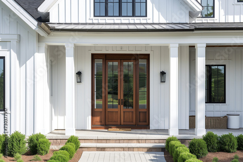 A front door detail of a white modern farmhouse with a wooden front door and a covered porch.