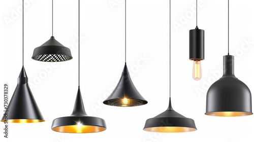Vector illustration of metal pendant lamp shades in various shapes and sizes, all in black color. The lamps are isolated on a white background