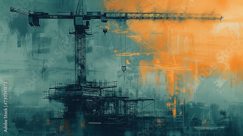 Painting of a crane in construction site.