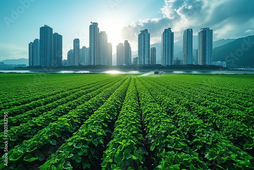 Urban Farming Concept with Green Crop Field and Skyscrapers, Lush green crop field stretches towards modern skyscrapers under a clear sky, showcasing urban agriculture