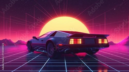 Retro future: A 1980s-style sci-fi background featuring a supercar. This vector illustration captures the essence of retro futuristic synth in the style of 1980s posters