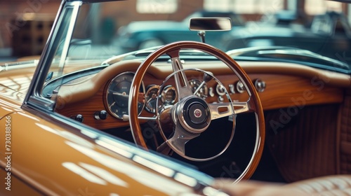 Wooden and steel steering wheel in luxury retro cabriolet car with beige leather interior parked in garage
