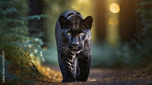 Portrait of a leopard in the forest at sunset looking at camera. Black panther. Jaguar walking through a jungle low angle image in low light.