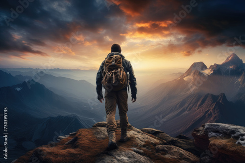 A hiker reaching the peak of a mountain at sunrise, symbolizing achievement and nature's majesty. Concept of adventure and personal challenge. Generative Ai.