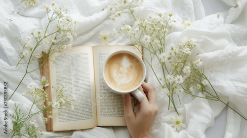 A person holding a cup of coffee over a book
