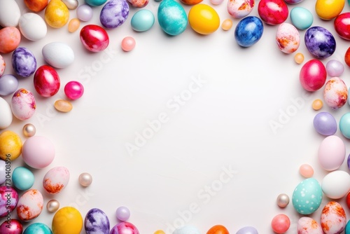 Silver background with colorful easter eggs round frame 