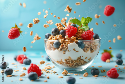 Granola with yogurt and berries in bowl on a blue background