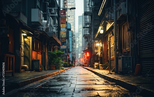 Portrait of an alley in an urban district of Japan at night with a wet street after rain.
