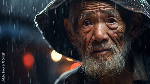 雨に濡れるアジア人高齢男性