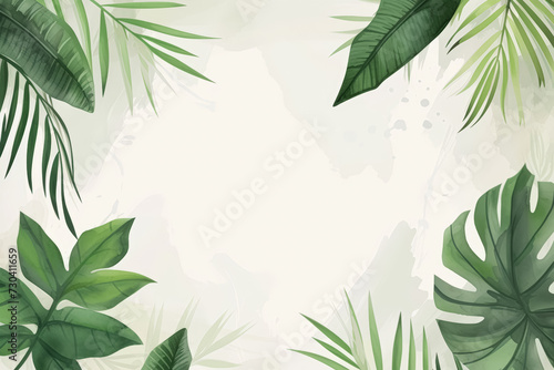 A serene tropical background with lush green leaves of various shapes and sizes framing a soft, watercolor-like white space.