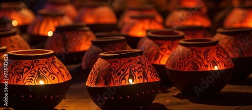 Traditional earthen lamps on a festive night