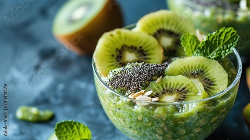 nutritious green smoothie bowl topped with fresh kiwi slices and chia seeds, perfect for a healthy breakfast