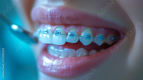 Close-up of person's teeth with braces being examined by a dentist.