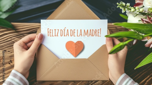 A person holding a card with words Feliz dia de la Madre, that means Happy Mother's day in Spanish, with a heart on it