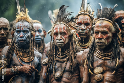 Group of aboriginal or indigenous people of Africa adorned in colorful ethnic attire.