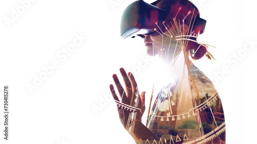 A woman wearing a virtual reality headset, tribal design elements, tipi, native american virtual reality tour.