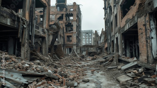 war-torn city, destroyed buildings, bullet holes in walls, shell holes on the ground