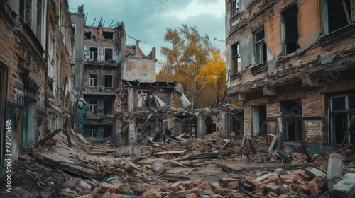 war-torn city, destroyed buildings, bullet holes in walls, shell holes on the ground